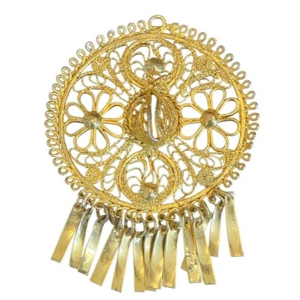 Vintage Filigree Mexican Sombrero Hat Dangle Pendant Gold Tone Large Boho
